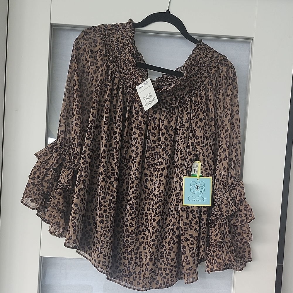CeCe Brown and Tan Bell Sleeve Blouse with Ruffled Details